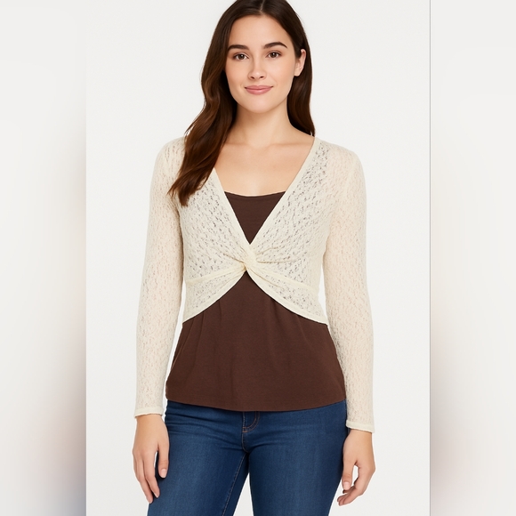 Eyeshadow Juniors XL Cream Crochet Twist Layered Top Brown Tank Boho Festival - Picture 1 of 8